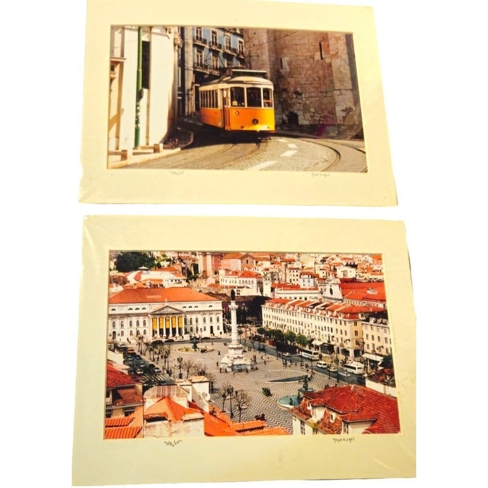 2 Vintage Claud Taylor Matted Photo Lisbon Portugal‎ Yellow Trolly 14x11 Signed